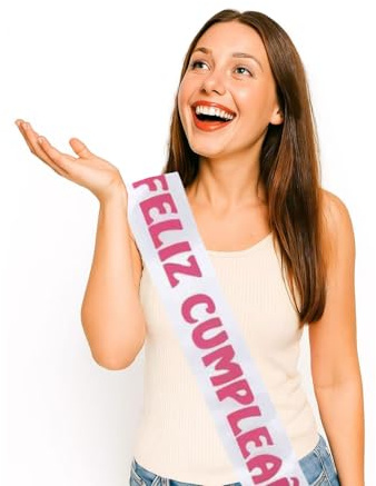 Home Universal Banda Feliz Cumpleaños – Cinta Decorativa para Fiesta, Accesorio para Mujer, Hombre y Niños con Letras, Ideal para Celebraciones y Fotos (Banda blanco - Letra rosa (2 Unidades))