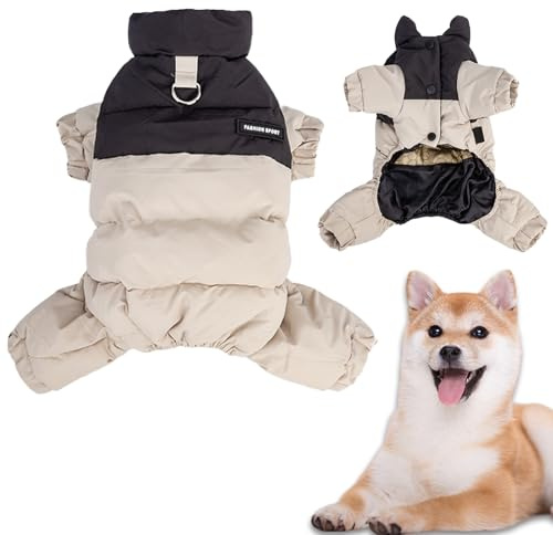 Duuclume Winter-Hundemantel mit Stehkragen, winddicht, wasserdicht, warme Hundejacke für kaltes Wetter, vierbeiniger Haustier-Schneeanzug (Beige, M)