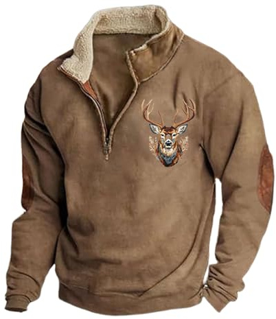 Generisch Sweat-shirt imprimé cerf de chasse pour homme avec boutonnière 1/4 - Pull à manches longues - Vintage - Haut d'hiver avec col montant - Coupe ample - Pull d'hiver surdimensionné