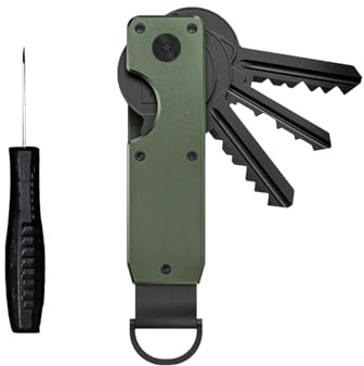 Vauki Organizador de llaves de aluminio y carbono, robusto llavero con barra de ganchos en color verde oliva – Soporte de metal impermeable para hasta 8 llaves, incluye destornillador