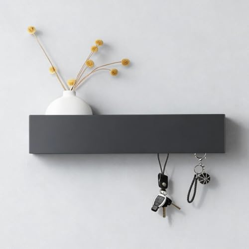 WJUAN Schlüsselbrett mit Ablage, Schlüsselanhänger Wand mit 5 Haken, Schlüsselablage Flur aus Metall und Holz, Platzsparend, 30 x 7,5 x 6 cm, Schwarz, für Eingangsbereiche, Flure, Wohnzimmer