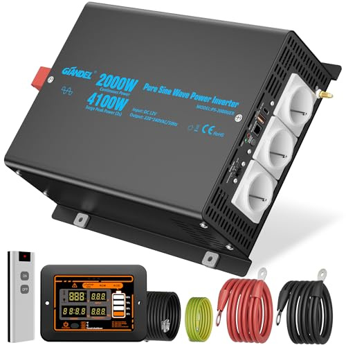 GIANDEL Inverter da 2000 W, 12 V a 230 V, inverter sinusoidale puro, 4100 W, potenza di picco, convertitore di tensione con telecomando LCD, tensione di ingresso regolabile per elettrodomestici