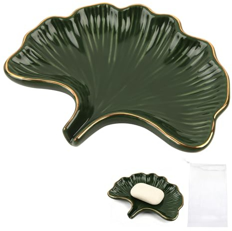 Portajabones Cerámica con Drenaje, Forma de Hoja de Ginkgo, para Ducha, Lavabo, Cocina y Bañera, Portajabones Autodrenante para Secado Rápido y Almacenamiento (Verde)