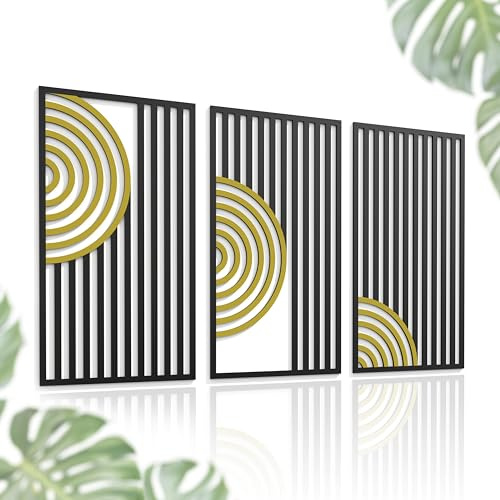 Outentin 3D Holz Wandbild Set – Moderne Wanddeko aus Holz 5mm – Wandkunst & Wandskulptur für Wohnzimmer, Schlafzimmer & Büro – Abstrakte, Boho & Zeitlose Holzdeko (62x102 cm, Goldene Streifen)