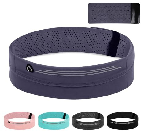 PEGINMOL Laufgürtel mit Verlängerungsriemen, Lauftasche für Handy, Blaugrau | Handytasche Laufen Klettverschluss, Sportgürtel, Bauchtasche Damen Herren, Running Belt Hüfttasche zum Laufen, Fitness Reisen