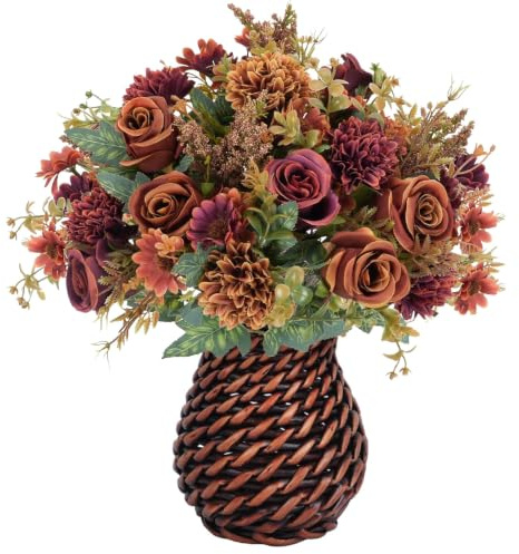 Luabue 4pcs Fiori Artificiali con Vaso Bouquet Fiori Finti Decorazioni Autunnali Fiori Rose Finte di Seta per Halloween Bouquet Casa Matrimonio Giardino Cucina Festival Decorazione Feste