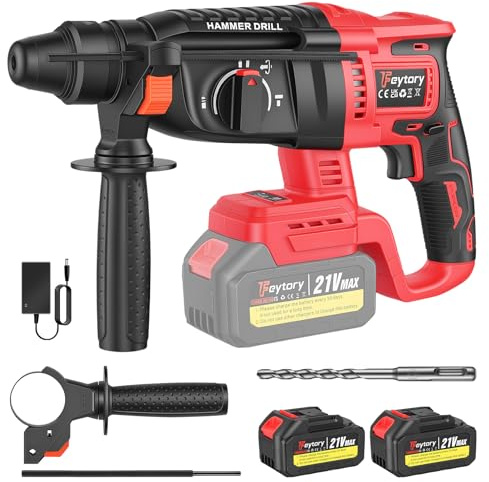 2 Batteries + Cordless Hammer Drill SDS Rotary Heavy Duty Electric Impact Hammer 21V Cordless Hammer Drill, Rotary Hammer Drill SDS Plus 4 Mode Chisel
