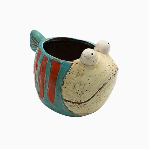 Vaso per piante, vaso per piante, vaso per piante, fioriera in ceramica, a forma di pesce, fioriera in ceramica a forma di pesce in blu/bianco, dimensioni (L x P x A): circa 16 x 11 x 11 cm.