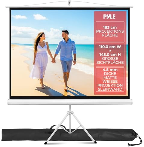 Pyle Leinwand Beamer Rollo, 72 Zoll 4:3 –Projektor Leinwand 110×145 cm mit Stativ, Tragbar, Faltbar & Windresistent, Ausziehbar für Indoor/Outdoor, Heimkino, Schule, Büro, Garten & Events
