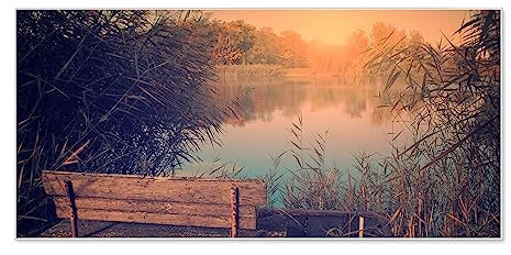 banjado Magnettafel weiß 78 x 37cm / Magnetwand Metall/Magnetpinnwand als Memoboard/Pinnwand Magnettafel Küche, Büro, Kinderzimmer inkl. 4 Magnete & Montageset - Motiv Bank Am See