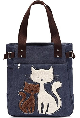 KAUKKO Bolso de hombro de las mujeres con el bolso de compras lindo del ocio de la lona del gato (Azul)