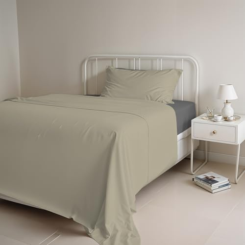 COMPLETO LETTO SINGOLO NATURAL COLOR 100% Cotone - Prodotto in Italia - Sopra 150x300 cm, Sotto 90x200 cm, Federa 50x80 cm Tinta Unita - DoubleFace - Tortora/Fumo