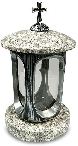 Lanterna funeraria argento con base in granito, elegante lanterna in granito, colore bianco, altezza 28 cm, diametro 15 cm