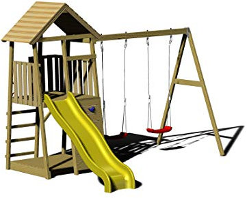 Wendi Toys J5 | Torre da Gioco in Legno Torre da Gioco con Doppia Altalena e Scivolo Giallo