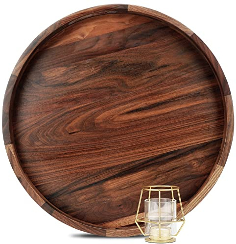 MAGIGO Plateau ottoman rond extra large de 45,7 cm en bois de noyer noir avec poignées, pour servir le thé, le café ou le petit déjeuner au lit, plateau de service circulaire classique en bois