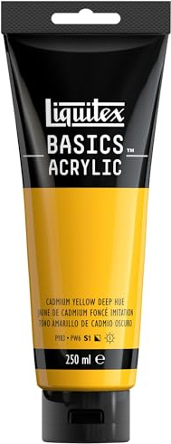 Liquitex 88700217 Basics - Acrylfarbe, monopigmentierte Künstlerpigmente, lichtecht, mittlere Viskosität, Archivqualität, seidenglänzender Finish, 250ml Tube - Kadmiumgelb Dunkel Farbton
