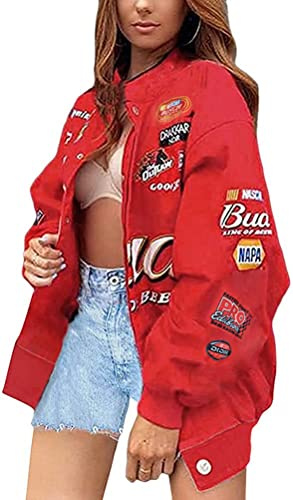 ORANDESIGNE Bomberjacke Damen Sweatjacke Ladies College Sweat Jacket Reißverschluss Für Frauen Oversized Patchwork Jacke Vintage Druck Jacken Baseball Mantel Sport Jacke