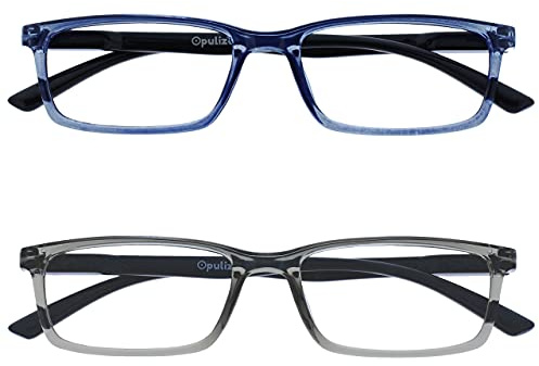 OPULIZE SEE Blaulichtfilterbrille für Damen Herren, Blendfreie UV400-Schutz Federscharnier Anti-Müdigkeit, Rechteckiger Rahmen, Computerbrillen Gaming, 2er-Pack Blau Grau