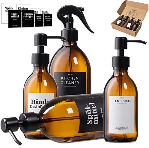 MONOKO 4er Set Seifenspender Braun - Spülmittelspender Küche - Sprühflasche Glas Pumpflasche + Edelstahl Pumpkopf + Aufkleber - 250 + 500ml