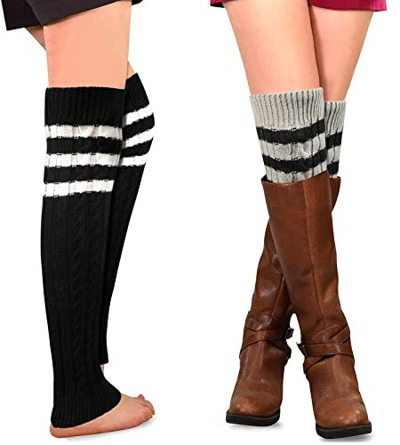 XEPST 2 Paar Stulpen Damen Gestrickte Beinwärmer, Damen Lang Stulpe Leg Warmer Stricken Häkelarbeit Leg Warmers Mädchen Stiefel Boot Abdeckung für Winterwärmer - Schwarz, Grau