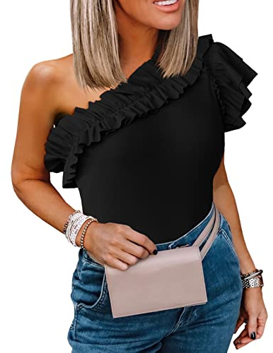 Womens One Shoulder Shirts Ruffle Sleeve Slim Fit Knitted Ribbed Summer Tops Black
