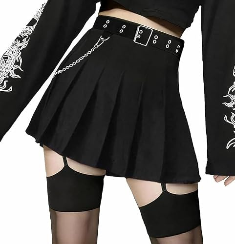 DINGJIUYAN Damen Mini Plissee Gothic Rock mit Gürtel, e, XXL