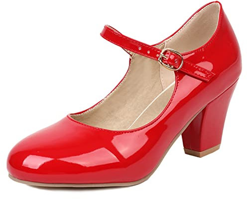Bviennic Bride Lovely Mary Janes Closed Toe Patent Pumps Summer Wedding Elegant Ankle Strap Ladies Block Heel Dress Prom Shoes Red Size 7.5 UK-42CN