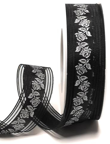 s.dekoda Trauerband 25m x 25mm Schwarz mit Rosen Dekoband Schleifenband Trauerschleife [5317]