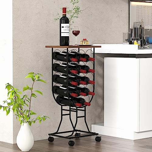 GIANTEX Casier à Vin pour 14 Bouteilles avec Roues Verrouillables, Étagère à Vin en Métal avec Dessus en Bois, Organisateur à Bouteille de Style Rustique pour Bar, Cuisine, Salle à Manger