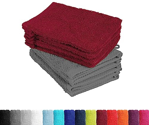 BaSaTex Frottee Waschhandschuhe, 10 Stück, 15x21 cm, Rot Grau | 100% Baumwolle, Made in Green Zertifiziert, Aufhängeschlaufe, Saugstark und Weich