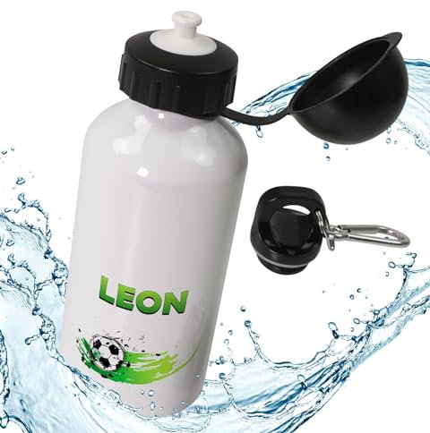 timalo® Aluminium Trinkflasche für Kinder personalisiert mit Namen | auslaufsichere Edelstahl Sportflasche Kindergarten Geschenk für Jungen und Mädchen 600mLB3 | Fußball grün