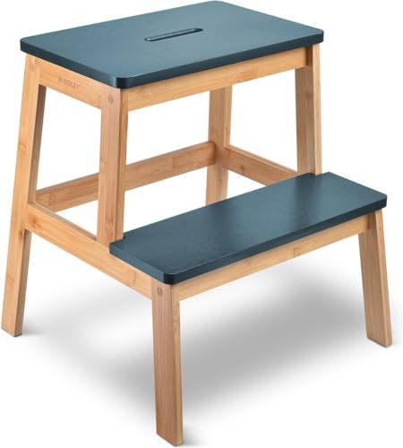 BUDDLEY Bambus Tritthocker Kinder - ideal als Küchenhocker & als Stufenhocker für Kinder - 2 praktische Stufen - 100% nachhaltige Materialien (Blau)