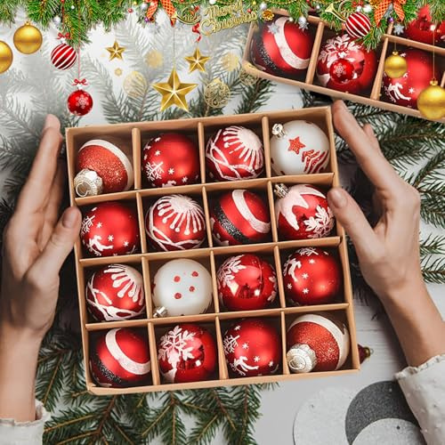 Norhogo Weihnachtskugeln mit Box, Kunststoff Set, 6cm Christbaumkugeln Weiße und Rot, Christbaumschmuck Baumschmuck Weihnachten Deko 16pcs