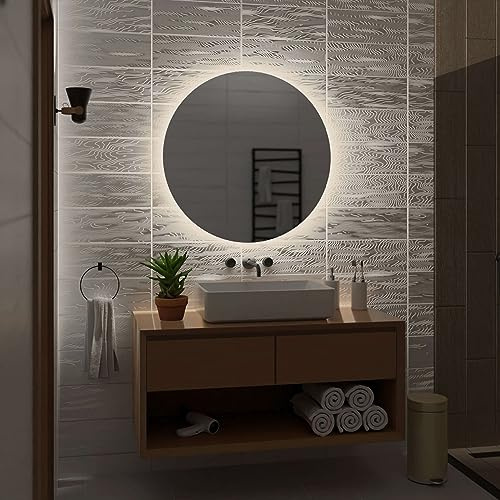 Alasta Bali Runder Spiegel 80x80 cm NeutralWeiß Badezimmer Spiegel Badspiegel Wandspiegel Badezimmerspiegel mit Beleuchtung