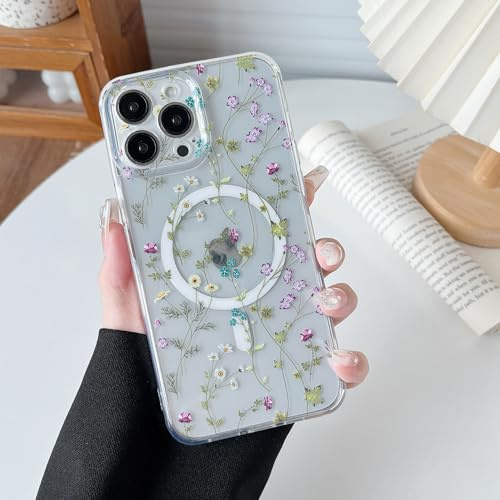 RALEAVO für iPhone 13 Pro Magnetisch Hülle Niedlich Blumen, Branch | Für iPhone 13 Pro Kompatibel mit MagSafe Hülle, Stark Magnetisch Fester Hard-PC Klar Hülle Stoßfest Schutzhülle