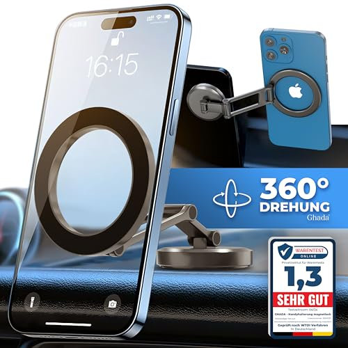 GHADA Magnetische Auto-Handyhalterung, 360° drehbar für Armaturenbrett/Display, Starke Magnetkraft & Einhand-Bedienung, MagSafe-kompatibel – für iPhone 12–17 & alle Smartphones mit Magnetring