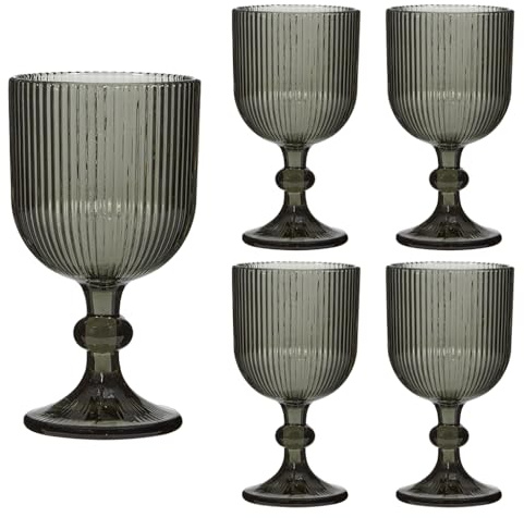 Dibor Ribbed Wine Glasses Set of 4 Mid-Century Modern Style Glassware Wine Glass Goblets Dishwasher Safe Alfresco Dining Coloured Dining Drinking Glasses Set (Grey)
