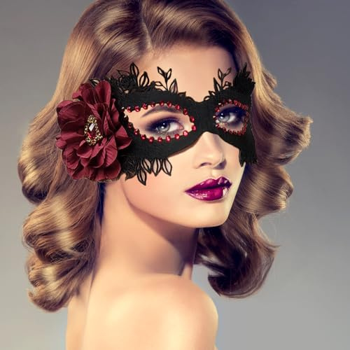 Cosysparks Karneval Maske Maskenball für Frauen, Filz Maskerade Maske Kostüm Schwarz Halloween Maske mit roter Blume 1920er Jahre Mardi Gras Party Maske Ball Maske für Cosplay