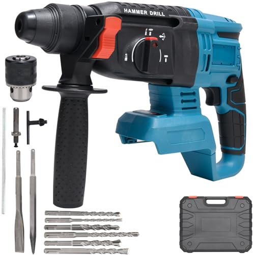 Umelee Akku Bohrhammer 18V, 3-in-1 Bohrhammer mit 5 Bohrern, 2 Meißeln, Aufbewahrungskoffer, Variabler Drehzahl, Universal Hammer Kompatibel mit Makita 18V Li-ionen Akkus (KEIN Akku)