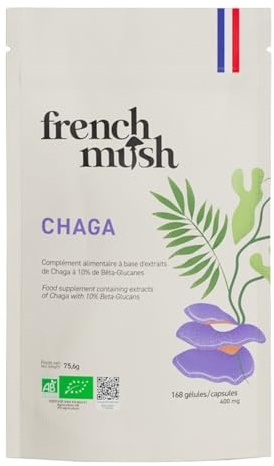 French Mush Funghi Chaga Bio Cápsulas 8000 mg - Superalimento Antioxidante - 168 Cápsulas Veganas - Complejo de Hongos Chaga Rico en Vitaminas B, D y K - Hongo Adaptógeno - Testado en Laboratorio