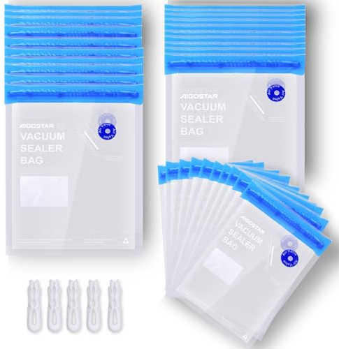 Aigostar Bolsas para Envasar al Vacío, Reutilizables, Conservación y Almacenamiento de Alimentos, Libres de BPA, 2 Pack de 60 Unidades, 3 Tamaños Distintos, Cierre Zip, Se Adaptan a Cualquier Espacio