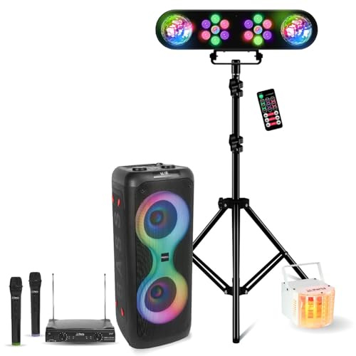 Ibiza – Pack altavoz Karaoke con batería 700 W USB Bluetooth TWS Ibiza Sound COLUMBA700-2 micrófonos inalámbricos – Pie de luz DJ – Derby