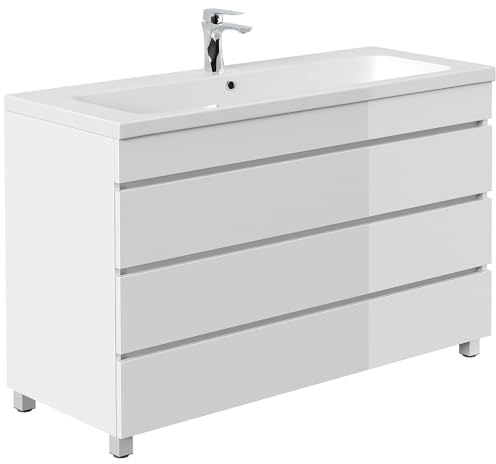 Lomadox Waschtisch 120 cm weiß Hochglanz stehend mit 3 Schubladen