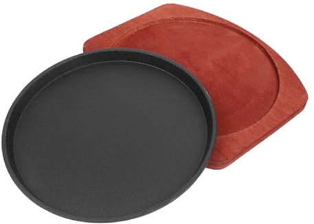 GAROZATION Poêle à Griller Fonte Ronde Avec Plateau De Bois Plaque De Cuisson Antiadhésive Pour Fajitas Et Barbecue Familial