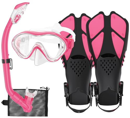 HH HHAO SPORT Schnorchelset Kinder mit Flossen, 180° Anti-Fog Panorama Weitblick Taucherbrille Kinder, Verstellbaren Schwimmflossen, Hochwertige Tauchermaske und Dry Top Schnorchel für Schwimmen