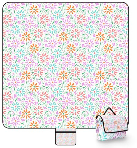 Huggeri Picknickdeck 200x200 cm，Stranddeck XXL wasserdicht sandfrei，Faltbare Strandmatte,3-lagige waschbare Polyester Outdoor Decke für Camping, Park, Reisen, Familienfeiern - Blumenmuster