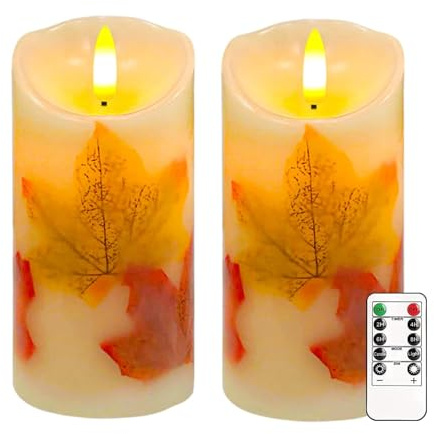 Justup 2 Stück Halloween Flammenlose LED-Kerzen mit Fernbedienung und Timer | Ahornblatt Flackernde LED Kerzen Dimmbare Säulen Kerzen Batterie betrieben, Kerzen für Herbst Halloween Thanksgiving Dekor