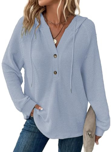 Cuptacc Huvtröja för damer, med våffelstruktur, ledig hoodie med knappslå, v-ringad sweatshirt med dragsko. långärmad damtröja med huva, blå, L