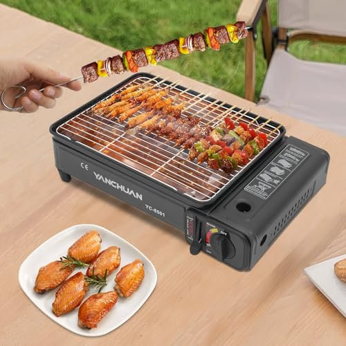 JDBDU Hornillo de gas para camping, 2,2 kW, butano, barbacoa de gas, pequeña con bolsa de transporte, barbacoa de mesa de gas para camping, reuniones, autocaravanas