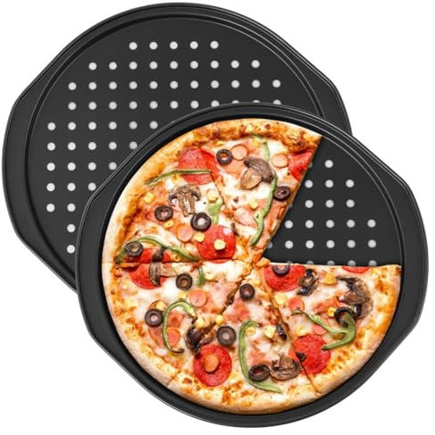 Lot de 2 poêles à pizza de 35,6 cm en acier au carbone avec trous perforés et poignées résistantes à la chaleur, plaques de cuisson antiadhésives pour croûtes croustillantes et cuisson polyvalente